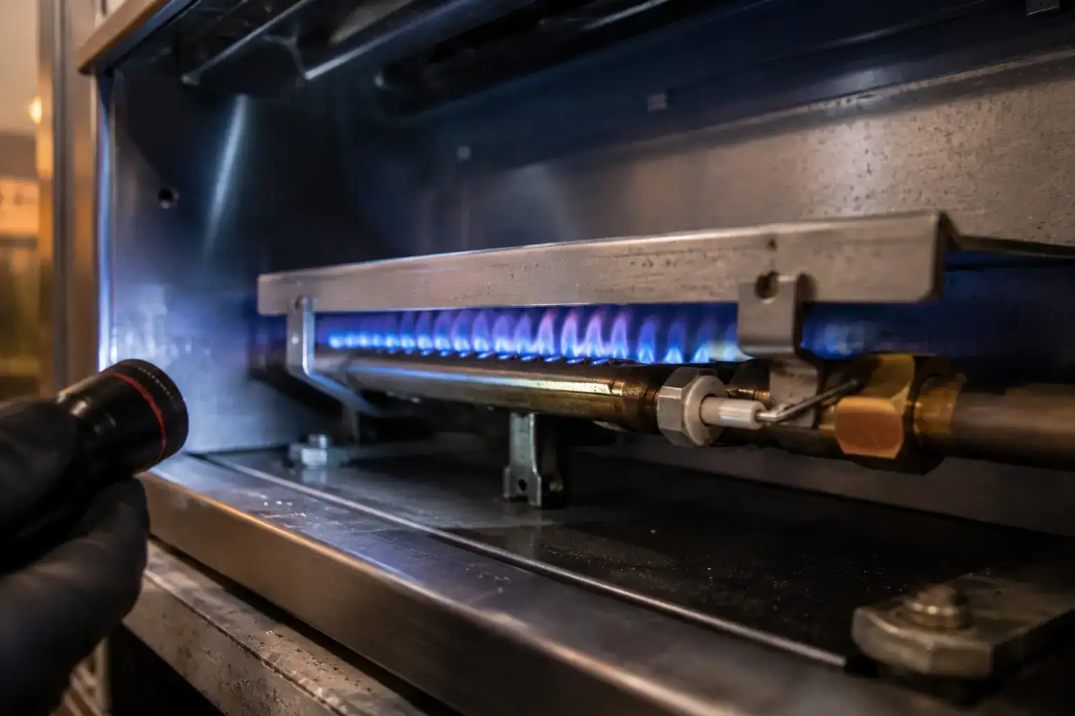Gas burner flame being inspected during a gas oven repair Kenya diagnostic visit