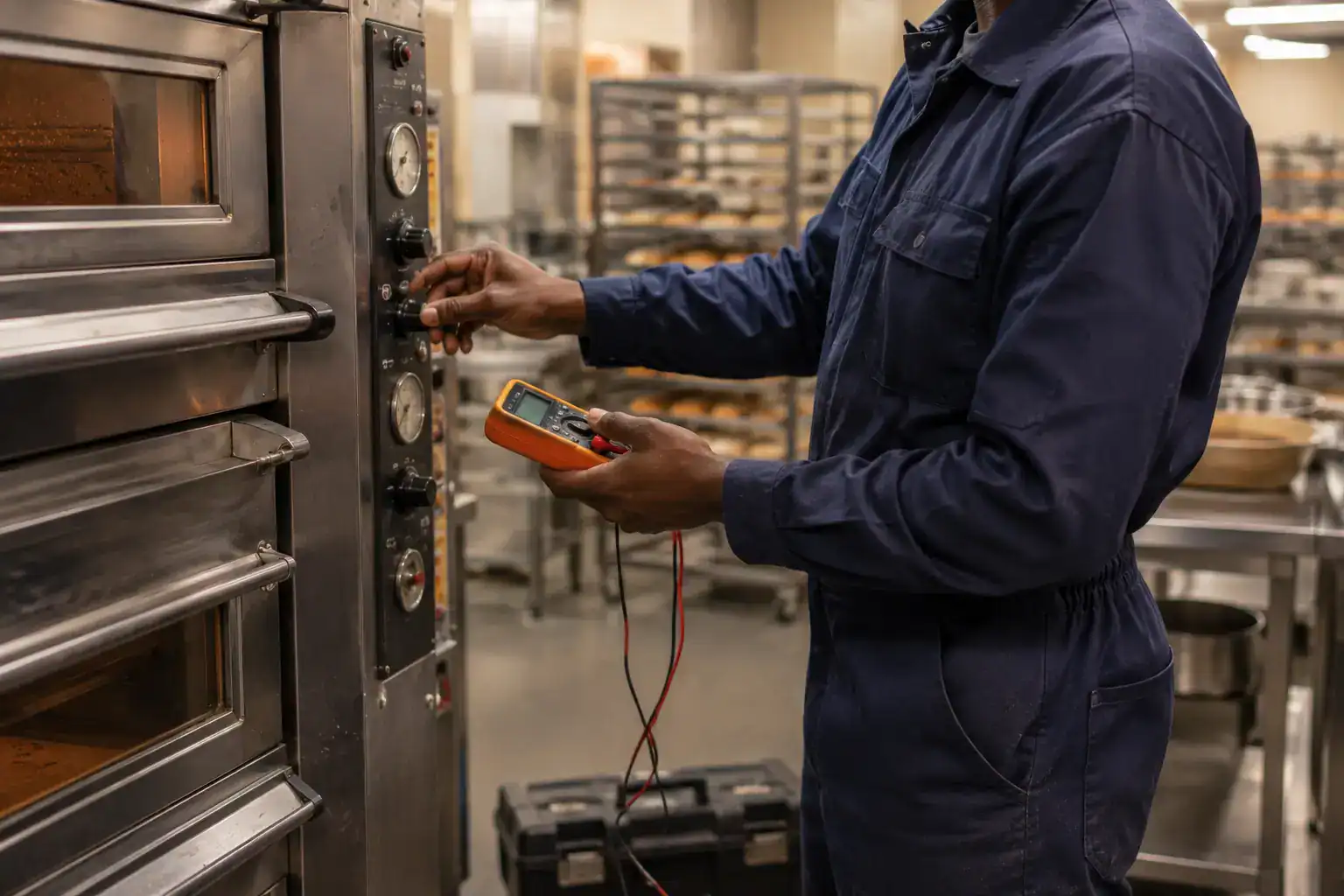 Bakery equipment technician confirming gas oven ignition components during a repair visit in Nairobi