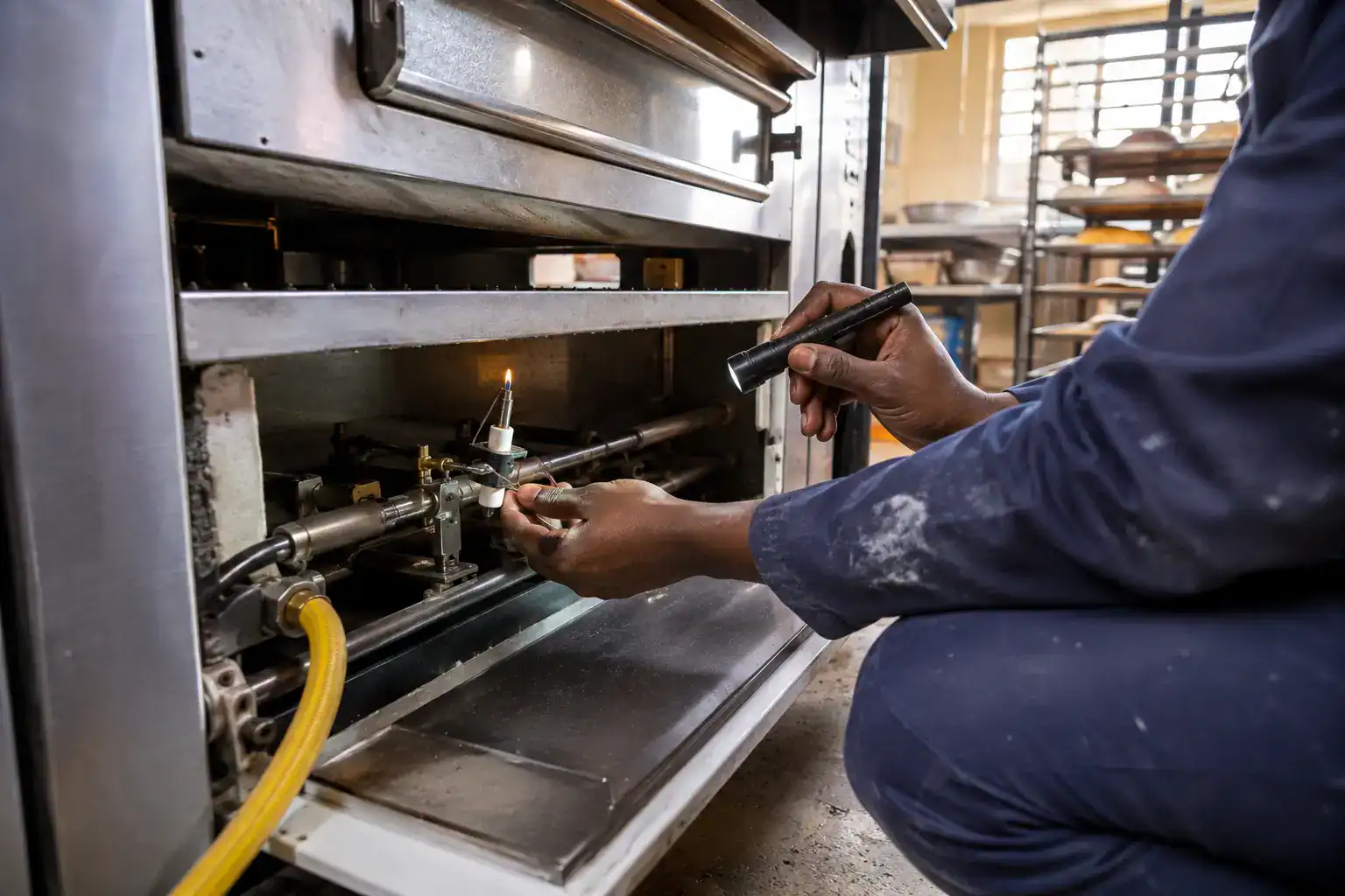 Gas oven repair Kenya technician checking the ignition system of a commercial bakery oven