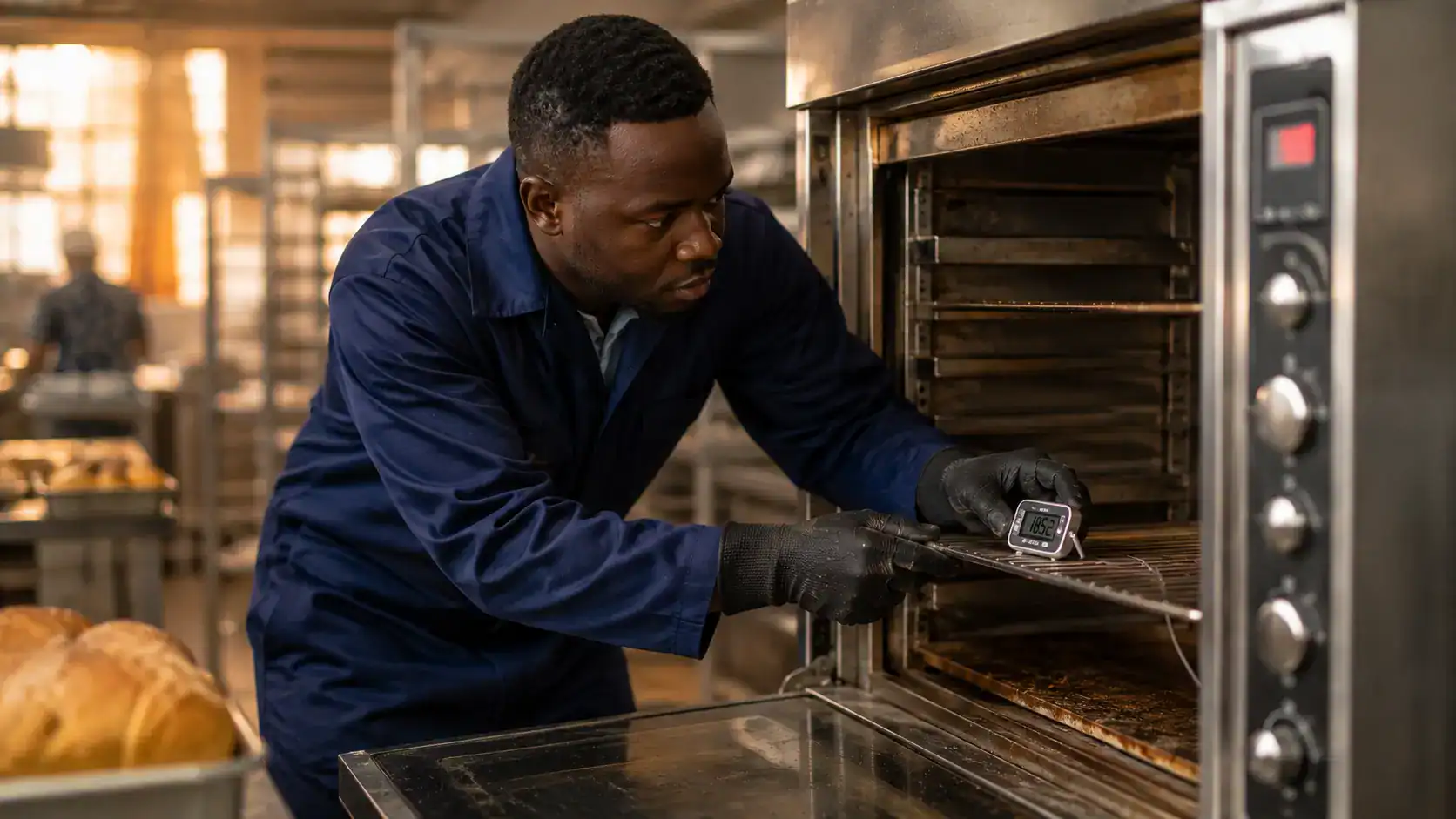 Bakery equipment technician testing oven temperature with a calibrated thermometer in a Nairobi bakery