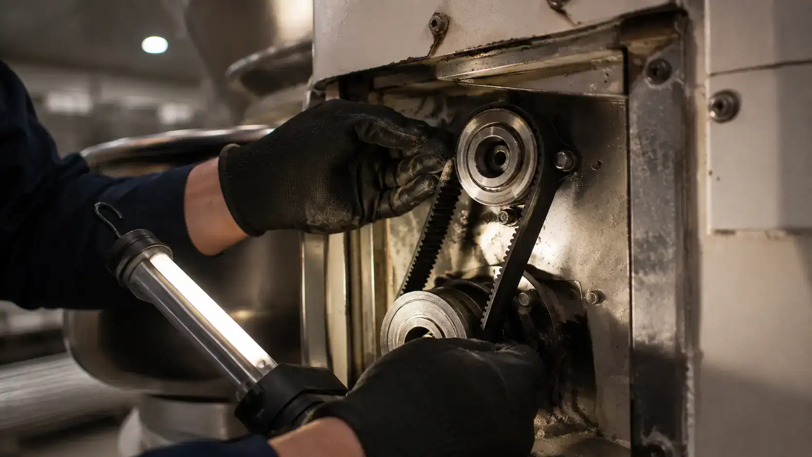 Technician inspecting a commercial dough mixer drive belt and motor bearings for signs of wear