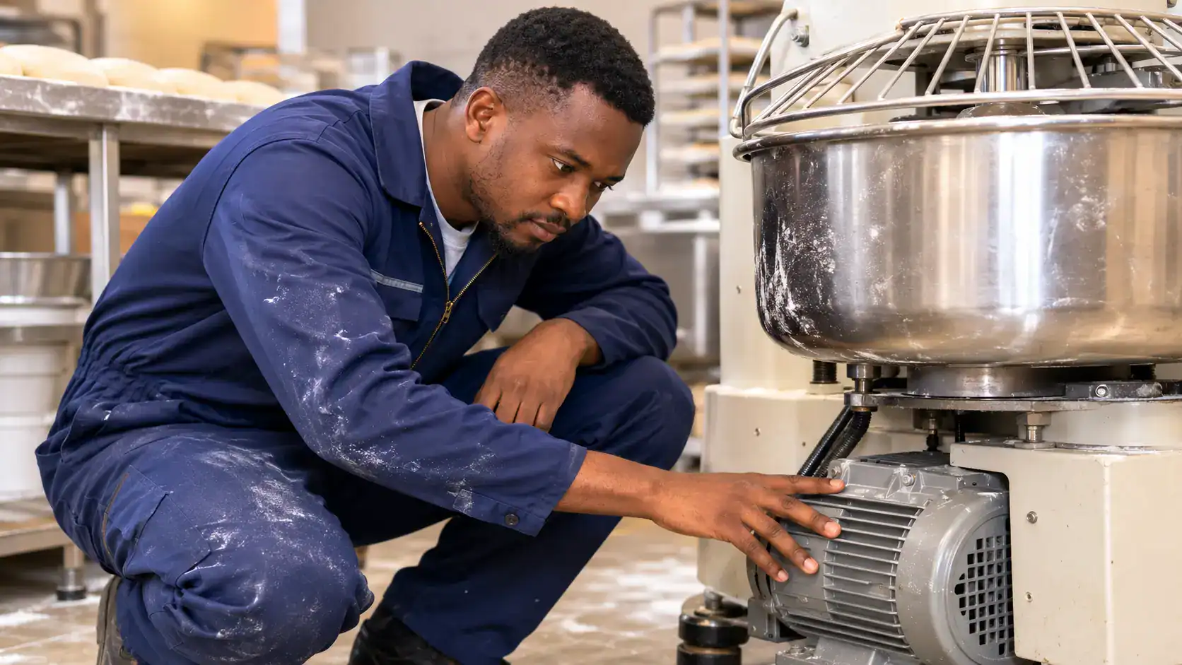Dough mixer repair Kenya technician inspecting a commercial spiral mixer motor in a bakery