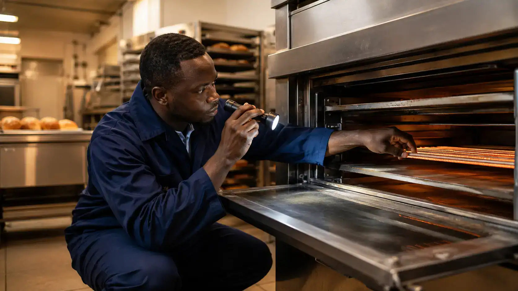 Commercial oven repair Kenya technician inspecting a heating element inside a bakery deck oven