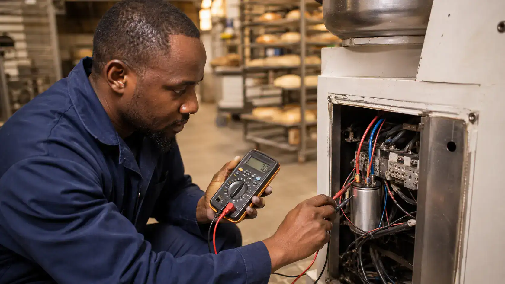 Bakery equipment technician testing a dough mixer motor capacitor with a multimeter in a Nairobi bakery