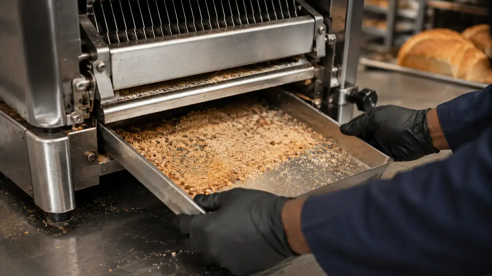 Bakery equipment technician cleaning crumb buildup from a commercial bread slicer in Kenya