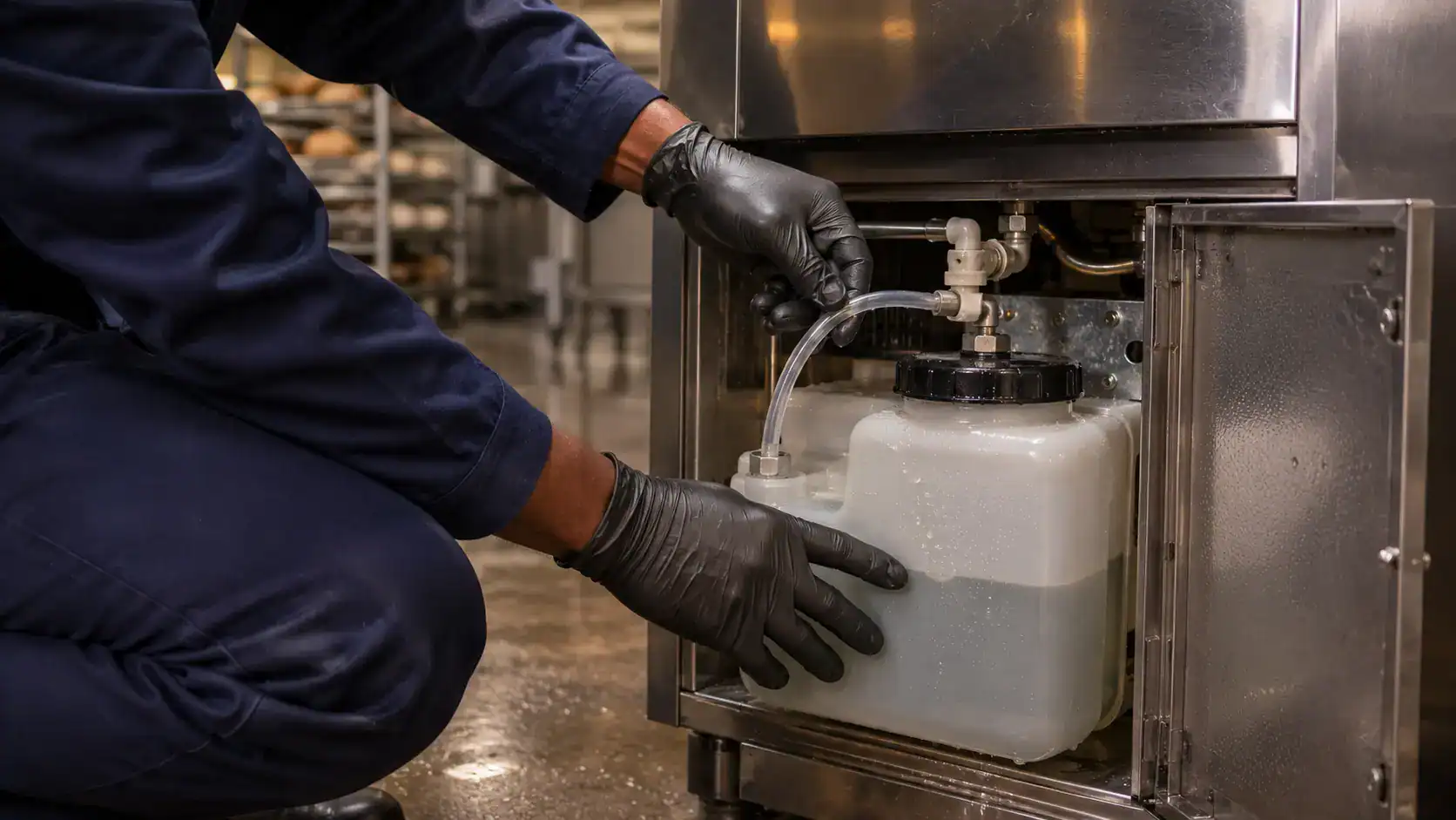 Technician inspecting the water reservoir and humidity system of a commercial proofing cabinet in a Kenyan bakery