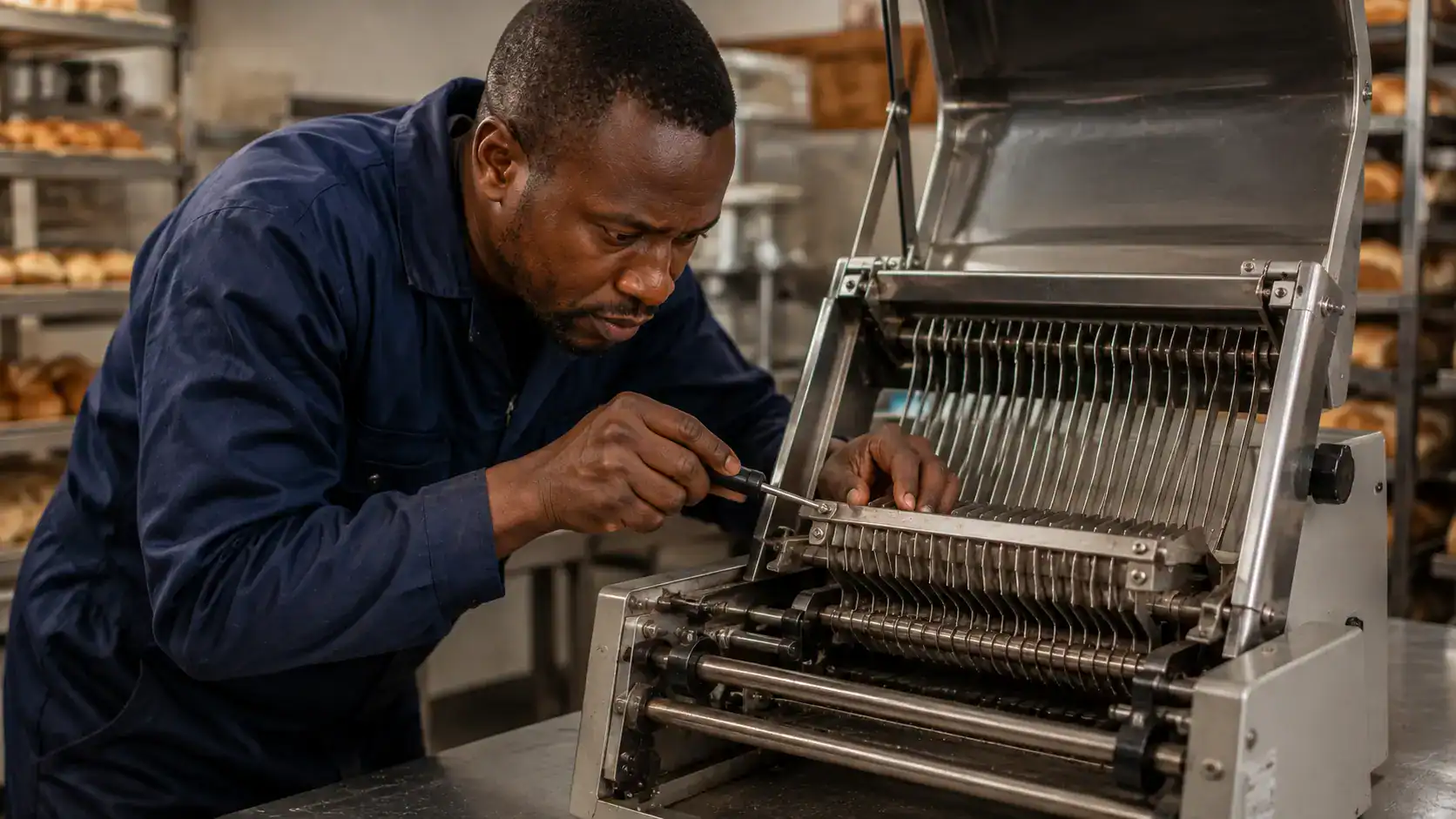 Bakery equipment technician adjusting the guide comb on a commercial bread slicer in a Nairobi bakery