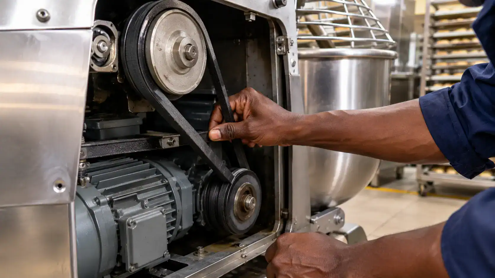 Technician checking drive belt tension, a common source of bakery equipment noises in Kenya
