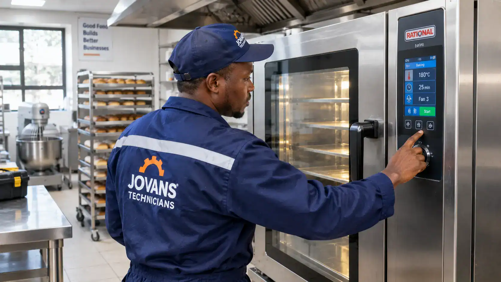 Technician commissioning newly installed bakery equipment as part of installation cost in Kenya