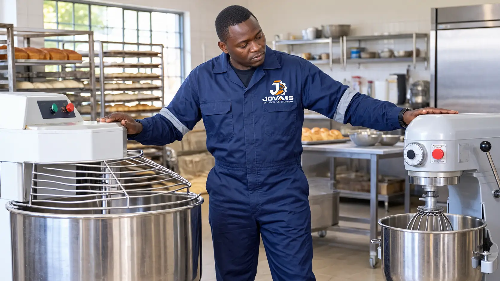Technician comparing a spiral mixer and planetary mixer in a Kenyan bakery