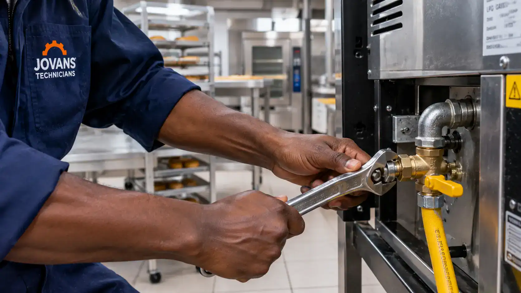 Technician connecting a gas line during gas and burner services in Kenya