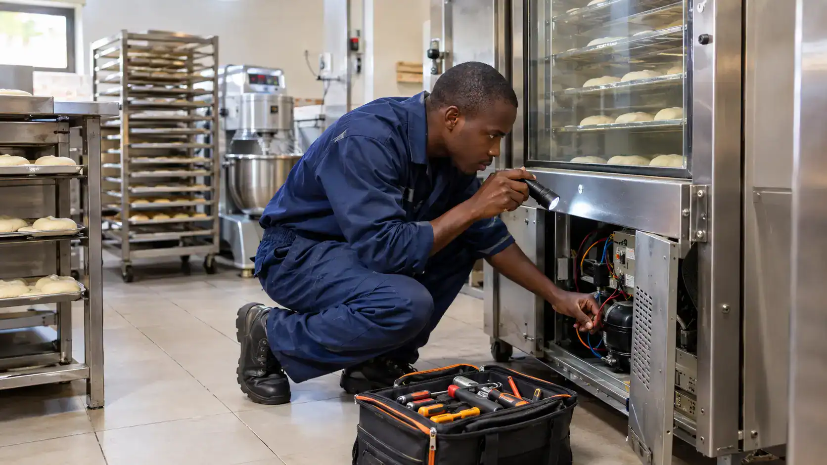 Technician diagnosing strange bakery equipment noises in a Kenyan commercial kitchen
