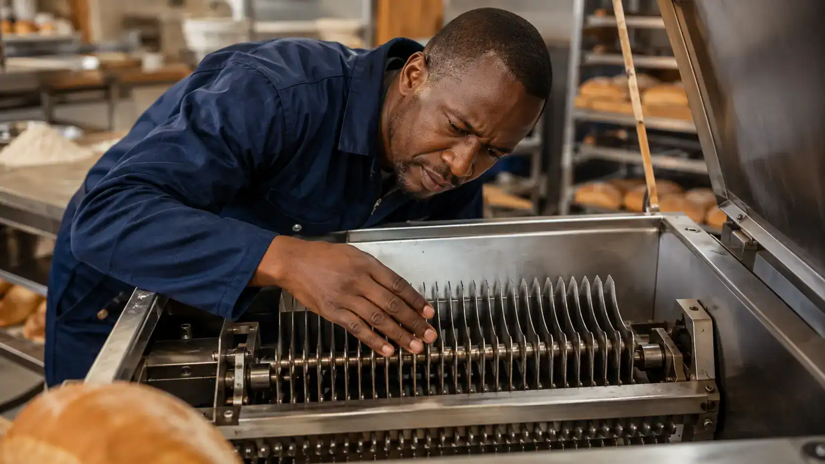 Bread slicer repair Kenya technician inspecting the blade bank of a commercial bakery bread slicer