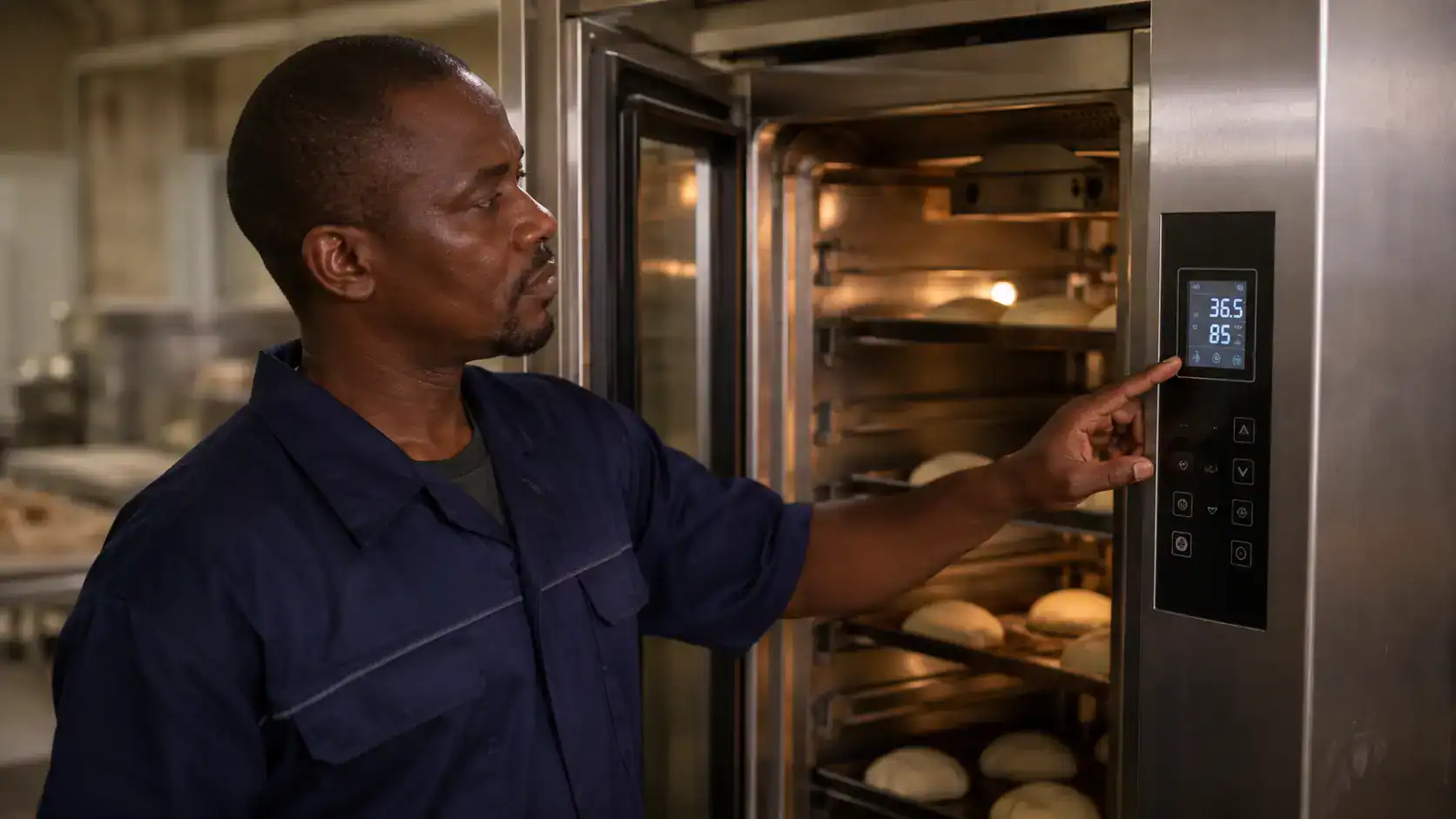 Proofer repair Kenya technician inspecting the control panel of a commercial bakery proofing cabinet