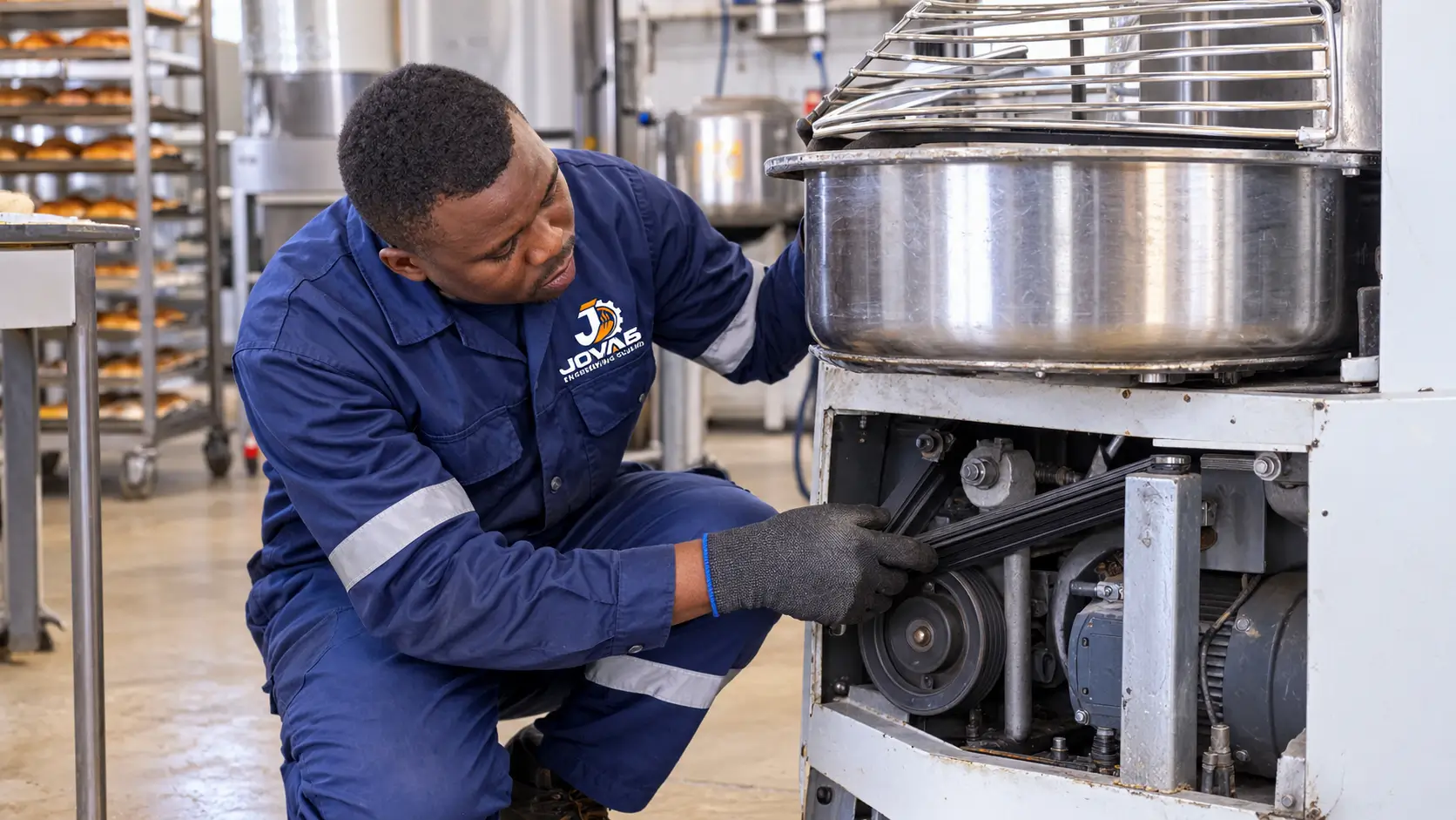Technician inspecting a spiral mixer bowl drive belt in a Kenyan commercial bakery