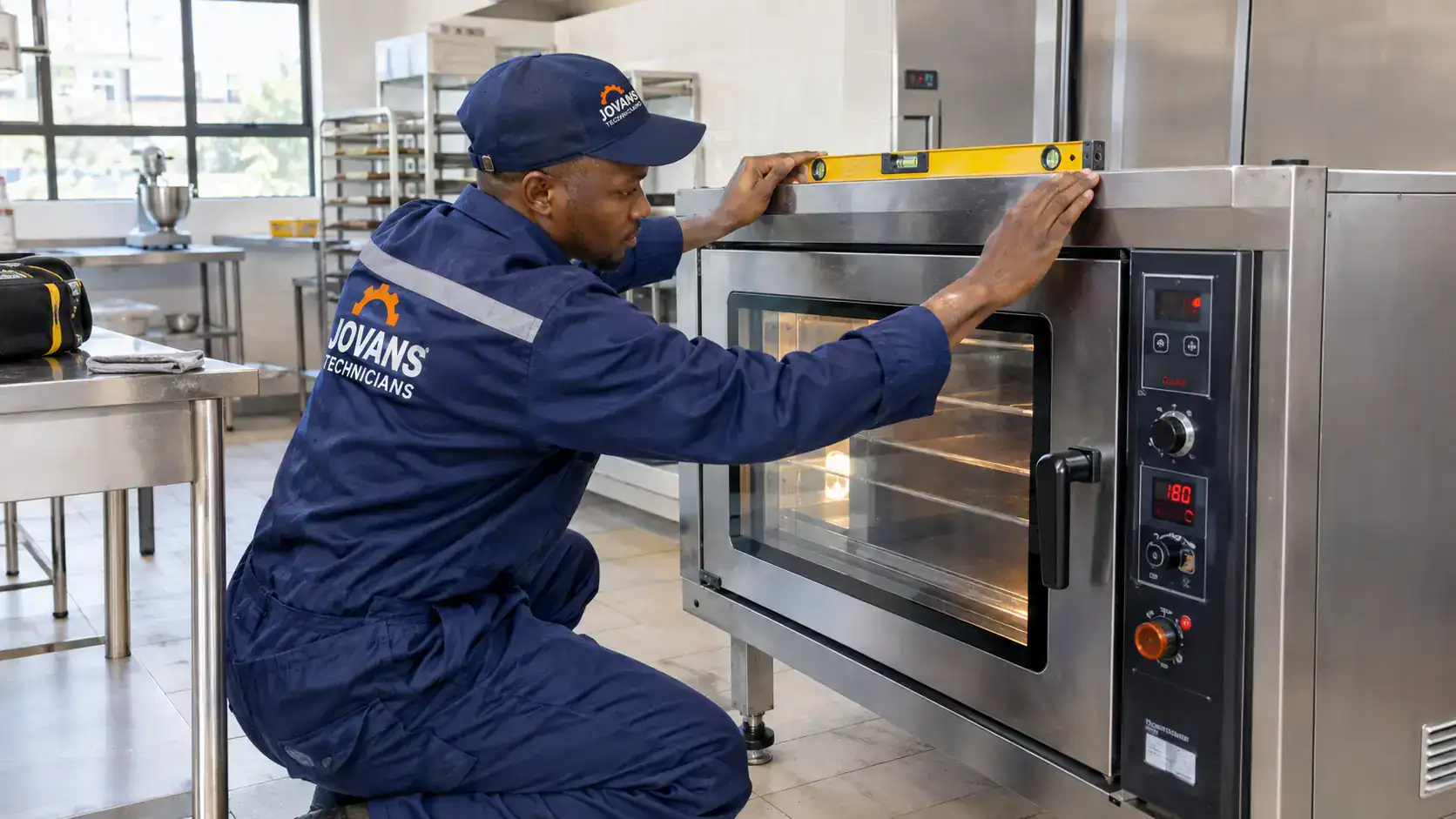 Technician positioning a commercial oven, reflecting typical bakery equipment installation cost in Kenya