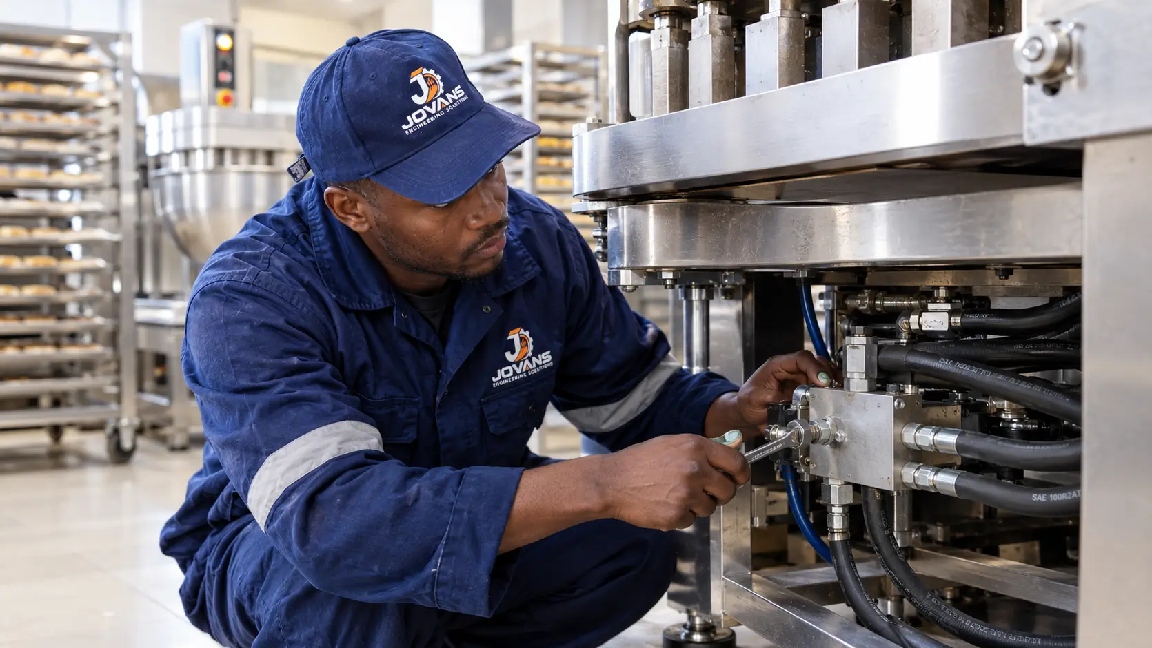 Technician repairing a dough divider hydraulic system in a Kenyan commercial bakery
