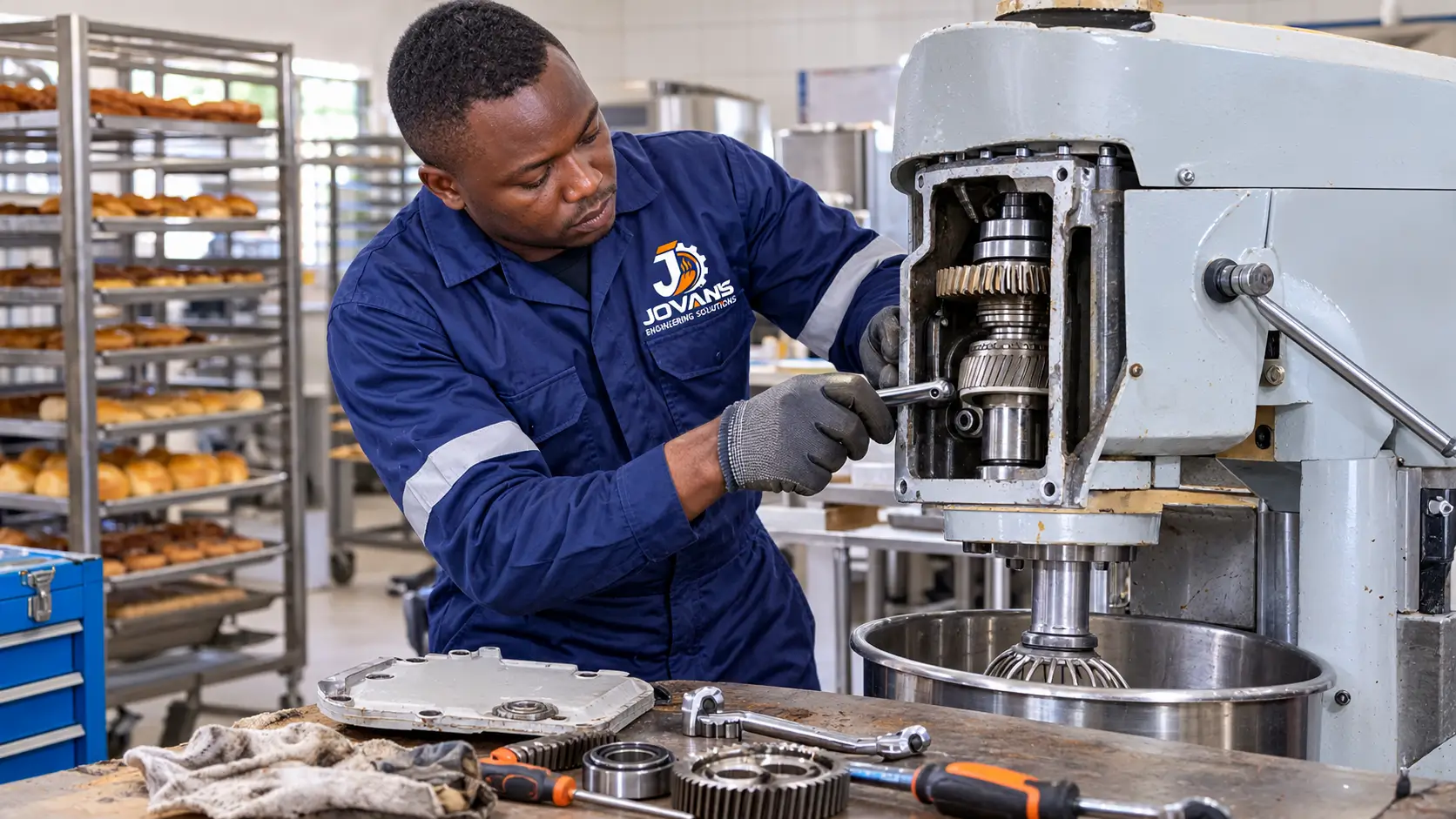 Technician repairing a planetary mixer gearbox in a Kenyan commercial bakery