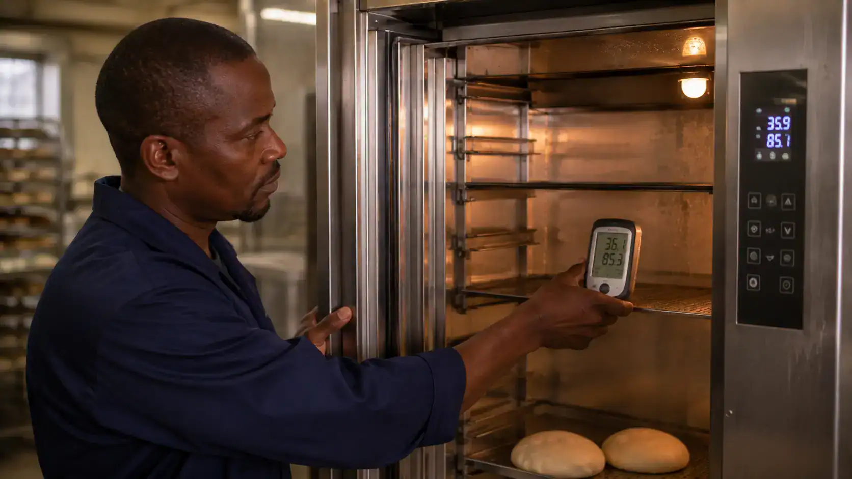 Bakery equipment technician testing proofer temperature and humidity with an independent thermometer and hygrometer